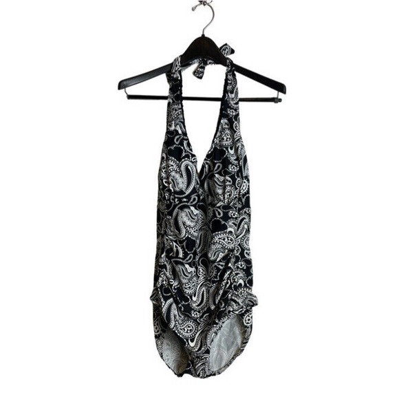 Sunshine Zone Swimsuit Paisley Black White Halter Size 1X EUC - Picture 1 of 10